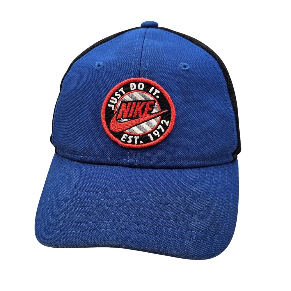 Nike Dri-Fit Just Do It Est 1972 Patch Trucker Hat Blue Black Mesh Snapback Cap